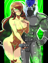 abs balls bare_legs blush bottomless breasts collarbone erection femsub gigas_(persona) glowing_eyes green_eyes grey_skin hair_covering_one_eye hand_on_hip handjob knees_together large_hips light_skin long_hair majinsfw mask mitsuru_kirijo muscle_boy navel nipples nude penis persona_(series) persona_3 pussy red_hair simple_background smile spiral spiral_background standing sweat tagme thigh_gap topless very_long_hair white_hair