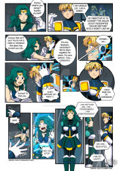 bare_legs blonde_hair bodysuit comic dialogue electricity green_hair heavy_eyelids hypnotized_assistant ikuko_tsukino long_hair resisting robotization sailor_moon sailor_moon_(series) sailor_neptune sailor_uranus sakurarose12 short_hair skirt speech_bubble standing standing_at_attention tagme tech_control text trance_break transformation yuri