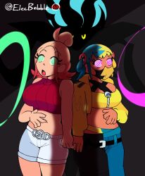  canari_(pokemon) clothed crop_top dark_skin elecbabble female_only femsub glowing_eyes green_eyes hypnotic_light large_breasts light_skin malamar mask mega_malamar midriff multiple_girls multiple_subs nintendo open_mouth pants pink_eyes pokemon pokemon_(creature) pokemon_legends_z-a short_hair shorts signature simple_background single_hair_bun spiral_eyes spiralwash_eyes standing sweater taunie_(pokemon) twintails yellow_eyes zipper 