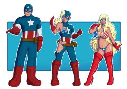 before_and_after bikini bimbofication blonde_hair bodysuit boots breasts captain_america cleavage happy_trance heart heart_eyes high_heels large_breasts lipstick long_hair makeup malesub marvel_comics sequence super_hero symbol_in_eyes thigh_boots transformation transgender wrenzephyr2