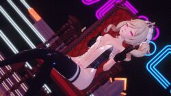  3d alternate_costume animal_ears barbara_page blonde_hair bunny_ears bunnysuit chair corruption crotch_tattoo female_only femsub genshin_impact gloves glowing_eyes hat high_heels koikatsu! latex leotard looking_at_viewer pink_eyes short_hair sitting solo taihou1944 thighhighs twintails 