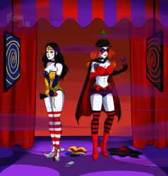  absurdres alternate_costume aura bare_shoulders batwoman black_hair breasts cape choker cleavage clown clown_girl clownification dc_comics earrings eye_mask face_paint female_only femsub gloves hat high_heels hypnotic_screen jewelry juggling kneehighs koari_zue lasso_of_truth leotard lipstick makeup monitor opera_gloves red_background red_hair red_lipstick short_shorts spiral_eyes standing tube_top watermark wonder_woman 