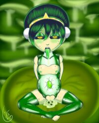 avatar_the_last_airbender black_hair black_sclera drool female_only femsub freckles frog_girl glowing glowing_eyes green_skin latex latexity nickelodeon oviposition pregnant sitting solo tongue tongue_out toph unusual_cum western yellow_eyes
