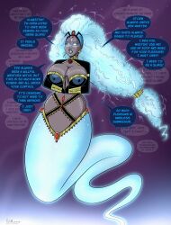  breasts cleavage dark_skin dialogue earrings english_text female_only femsub genie glowing_eyes headdress jewelry long_hair marvel_comics midriff nipples polmanning resisting signature speech_bubble storm text white_eyes white_hair x-men 