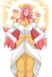 a_singular_fish belt blush bodysuit chronoa clock dragon_ball dragon_ball_heroes dress earrings elf_ears female_only femsub hand_on_hip headdress long_hair open_mouth pants pink_hair pink_skin simple_background skirt solo spiral_eyes standing text tick-tock_saying white_background yellow_eyes