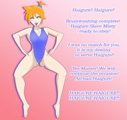  cleavage female_only femsub haigure happy_trance misty nintendo onemind open_mouth orange_hair pokemon pokemon_red_green_blue_and_yellow short_hair smile solo spread_legs squatting text tongue tongue_out 