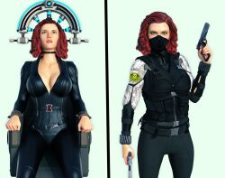  3d before_and_after black_widow bodysuit bondage brain_injection breasts chair cleavage corruption enemy_conversion green_eyes gun huge_breasts large_breasts marvel_comics op-tron red_hair super_hero tech_control western 