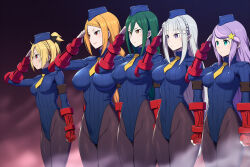 ai_art amadeus_(generator) anastasia_hoshin arm_bands blonde_hair blue_eyes braid breasts cameltoe character_request cosplay crusch_karsten emilia_(re:zero) expressionless felt_(re:zero) female_only femsub fingerless_gloves gloves green_hair hair_ornament hat leotard long_hair multiple_girls multiple_subs orange_eyes orange_hair pantyhose ponytail priscilla_barielle purple_hair re:zero_starting_life_in_another_world saluting shadaloo_dolls short_hair shoulder_pads simple_background smile standing standing_at_attention street_fighter tie 