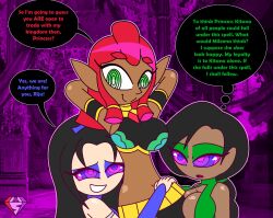  aged_up arms_above_head aware bare_shoulders black_hair cleavage_cutout collar crossover dark_skin elf_ears english_text eyebrows_visible_through_hair eyelashes eyeshadow female_only femdom femsub fingerless_gloves gerudo green_eyes happy_trance hypnoscream hypnotic_dance jade_(mortal_kombat) kaa_eyes kitana large_breasts makeela_riju midriff mortal_kombat multicolored_eyes multiple_subs navel nintendo open_mouth pink_background red_hair ring_eyes shiny_hair shiny_skin smile speech_bubble tears_of_the_kingdom the_legend_of_zelda thought_bubble tied_hair yuri 