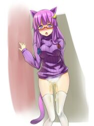  animal_ears blooper_(manipper) breasts glasses patchouli_knowledge sweater thighhighs touhou urination 