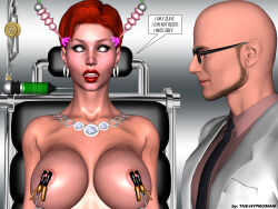  3d bald breasts cleavage collarbone earrings erect_nipples expressionless femsub huge_breasts hypnoman jewelry looking_at_viewer maledom necklace original red_hair red_lipstick short_hair smile talia_danvers tech_control text white_eyes 