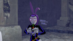 angry aware black_hair breasts bunny_ears carrot clothed dc_comics dialogue dogdog drool english_text glasses goth grey_skin heart nipples purple_eyes purple_hair raven text torn_clothes