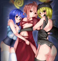 blonde_hair blue_eyes blue_hair blush bottomless breasts circussion cleavage demon_girl empty_eyes expressionless female_only femdom femsub garter_straps gloves large_breasts mabinogi monster_girl multiple_girls multiple_subs open_clothes open_mouth panties red_eyes red_hair short_hair siren smile succubus thighhighs underwear