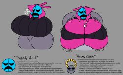  breasts character_profile english_text femsub gremlingrounded grey_background hyper_breasts hypnotic_mask living_costume mask necklace original possession simple_background text 