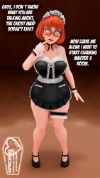  3d bare_legs blender bracelet cleavage dialogue female_only femsub finger_to_mouth glasses high_heels maid maid_headdress open_mouth possession red_eyes scooby-doo_(series) short_hair signature simple_background spiral_eyes standing supercasket symbol_in_eyes text velma_dinkley 