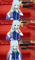  3d accidental_hypnosis aqua_(konosuba) blue_eyes blue_hair bracelet cyanstargazer empty_eyes expressionless female_only femsub hypnotic_accessory koikatsu! kono_subarashii_sekai_ni_shukufuku_wo! magic text 