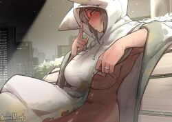  absurdres androgynous_dom animal_ears asazaz12_nsfw blush breasts brown_hair chair complex_background crossed_legs dark_skin drifting_fox eye_color_change femsub finger_to_mouth fox_ears fox_girl hood jewelry limbus_company looking_at_viewer nail_polish night non-binary_dom outdoors outis_(limbus_company) pasties possession ring short_hair sideboob sitting smile sparkle sweat thighs yellow_eyes 