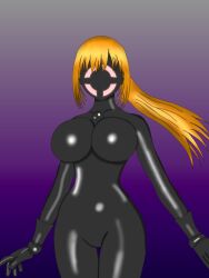 blonde_hair bodysuit collarbone drone faceless female_only femsub gloves glowing gradient_background huge_breasts latex long_hair mask original personification ponytail purple_background rubber simple_background solo standing thigh_gap ultraman yo_tsuyu