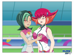 anna_kaboom blush breasts closed_eyes dlobo777 erect_nipples female_only femsub green_hair groping large_breasts multicolored_hair open_mouth pink_hair red_hair ring_eyes short_hair small_breasts tongue tongue_out tori_meadows yu-gi-oh! yu-gi-oh!_zexal