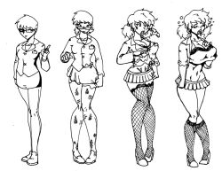 alternate_hairstyle before_and_after bimbofication breast_expansion breasts cleavage crazycowproductions dazed empty_eyes expressionless female_only femsub fishnets glasses greyscale huge_breasts monochrome original short_hair thighhighs traditional transformation twintails
