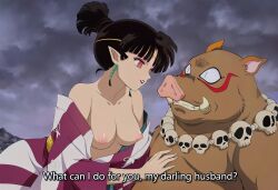  ai_art bare_shoulders bent_over black_hair breasts choukyukai circlet collarbone dress earrings elf_ears empty_eyes english_text erect_nipples exposed_chest eyeshadow femsub furry happy_trance hellsing002_(generator) hypnotic_accessory inuyasha_(series) jewelry kagura_(inuyasha) lipstick love makeup nipples outdoors pig_boy red_eyes skull smile subtitled text undressing 