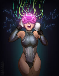 bare_shoulders bondage cables cuffs drool electricity female_only femsub glowing helmet leotard open_mouth original resisting sleepystephbot solo standing tears tech_control unhappy_trance visor watermark wide_hips wires