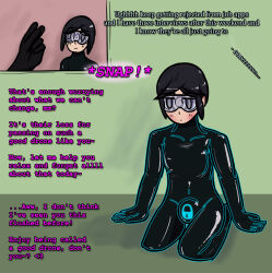 black_hair blush bodysuit bulge collarbone drone expressionless eyebrows_visible_through_hair female_only femdom femsub finger_snap glowing green_background grey_eyes happy_trance iris_azure kneeling latex multiple_methods_of_hypnosis null_bulge original short_hair simple_background small_breasts spiral tech_control text tight_clothing trance_delightful visor