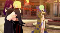 black_eyes black_hair blonde_hair blush brandish_q_(fairy_tail) carrying closed_eyes clothed cover cyanstargazer dimaria_yesta english_text fairy_tail female_only femdom femsub green_hair long_hair multiple_girls short_hair text white_eyes whitewash_eyes