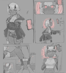  arm_warmers avi_(artist) bare_shoulders blush bottomless confused deepthroat drool fellatio femsub glowing_eyes heart_eyes horns jacket missionary original petting phone pink_eyes sex short_hair shorts spiral virtual_youtuber white_hair 