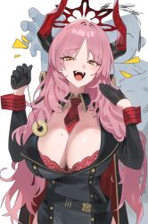  blue_archive bra breasts coin halo hood_x_art horns humor large_breasts looking_at_viewer mole pendulum pink_hair satsuki_(blue_archive) sensei_(blue_archive) smug uniform 