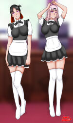  absurdres aurastudio black_hair bow empty_eyes eye_color_change eyebrows_visible_through_hair femsub fujiwara_chika hair_ornament happy_trance kaguya-sama_love_is_war kaguya_shinomiya maid multiple_girls multiple_subs pink_hair signature thighhighs 