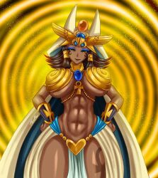 abs breasts cleavage dark_skin egyptian femdom fenrox gold harem_outfit jewelry large_breasts large_hips makeup midriff muscle_girl navel original short_hair spiral