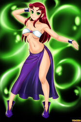 alien alien_girl breasts collarbone dancing dc_comics elf_ears empty_eyes female_only femsub green_eyes happy_trance harem_outfit large_breasts red_hair see-through solo starfire super_hero teen_titans tenzen