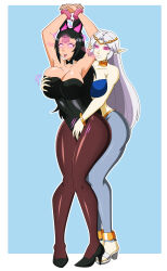  arms_above_head bare_shoulders black_hair blue_background bracelet breasts bunny_ears bunny_girl bunnysuit character_request choker control_indicator copyright_request crotch_rub dazed dlobo777 drool elf_ears fake_animal_ears female_only femdom femsub glowing_eyes grey_hair groping handcuffs high_heels large_breasts leggings legs long_hair pantyhose pink_eyes shoes simple_background smile standing tight_clothing tongue tongue_out yuri 