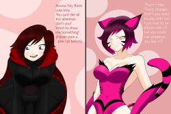  absurdres animal_ears animal_transformation bare_shoulders before_and_after cat_ears cat_girl cat_tail cleavage curvy empty_eyes femsub leotard pink_eyes pink_hair possession red_hair ruby_rose rwby smile syas-nomis tail text transformation 
