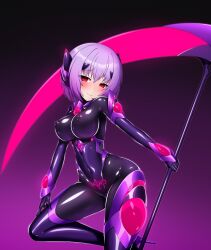  blush bodysuit boots crotch_tattoo empty_eyes entenca erect_nipples erect_nipples_under_clothes female_only femsub glowing gradient_background hair_ornament large_breasts latex looking_at_viewer purple_hair red_eyes rubber short_hair simple_background smile solo tattoo weapon 
