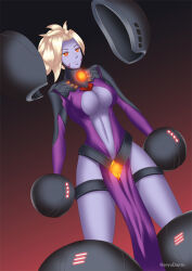 blonde_hair bondage breasts corruption expressionless female_only femsub gradient_background hadant large_breasts mercy midriff overwatch purple_skin short_hair signature simple_background solo tech_control watermark