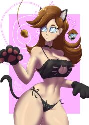  absurdres animal_ears bell_collar bra brown_hair cat_ears cat_lingerie choker cleavage collarbone drool expressionless female_only femsub glasses hourglass_figure lingerie long_hair mahoumonsterart navel open_mouth original panties paws pendulum pink_eyes pocket_watch sabie_(saberspark) shrunken_irises simple_background solo sparkle spiral spiral_eyes standing tail 
