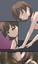 breasts brown_hair choker femsub g_than hypnotic_accessory open_mouth short_hair small_breasts tank_top yellow_eyes