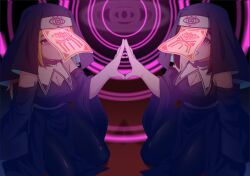  alternate_costume blonde_hair brown_hair cleavage cult expressionless femsub glowing_eyes green_midori hypnotic_eyes hypnotic_light hypnotic_magic large_breasts multiple_girls nun original pink_eyes smile symbol talisman 