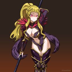  af2345 alternate_costume blonde_hair boots breasts clair_(fire_emblem) cleavage corruption dress female_only fire_emblem fire_emblem_echoes glowing glowing_eyes gradient_background harrier_(fire_emblem) large_breasts long_hair navel nintendo nipples ponytail red_eyes simple_background solo thigh_boots thighhighs weapon wings 