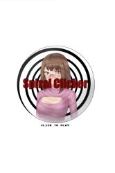  blue_eyes blush breasts brown_hair cleavage_cutout female_only glasses light_skin open-chest_sweater open_mouth sally_(spiral_clicker) screenshot simple_background solo spiral spiral_clicker sweater text video_game white_background xvein 