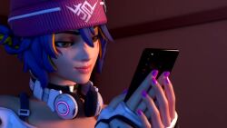 3d animated blender blue_hair brown_eyes choker clothed dialogue failed_hypnosis female_only hat headphones humor kiriko_(overwatch) overwatch short_hair text user_interface video vynil