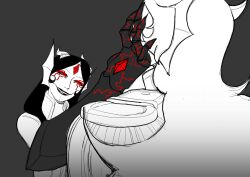  black_hair black_sclera corruption evil_smile glowing hand_on_head homestuck horns lipstick military_uniform ms_paint_adventures original possession red_eyes soldierexclipse tagme tech_control white_hair 