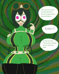  bimbofication femsub frog_girl goggles_on_head green_background green_hair large_breasts my_hero_academia pink_eyes spiral_background stalkertube text thick_thighs tongue_out tsuyu_asui 