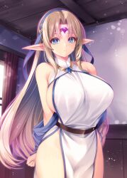  bare_shoulders before_and_after belt blonde_hair blue_eyes clothed dress elf elf_ears expressionless female_only femsub glowing hair_ornament huge_breasts hypnotic_accessory jewelry kirishima_satoshi magic original panties sideboob solo thighs very_long_hair 