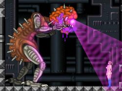  absurdres alien ass blonde_hair bottomless brain complex_background female_only femdom femsub from_behind hypnotic_beam metroid_(series) mother_brain mspainter nintendo open_mouth ponytail samus_aran size_difference standing standing_at_attention topless 