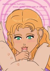  absurdres aphrodite_(mythology) blonde_hair bottomless dialogue fellatio femdom goddess green_eyes handjob heart_eyes lipstick_mark long_hair looking_at_viewer male_pov malesub mommy nude oral penis pov pov_sub rosehyptea spiral_background subliminal symbol_in_eyes text topless 