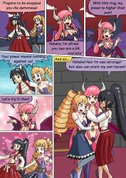 archer_(disgaea) black_hair blonde_hair blush character_request charm_(spell) comic dialogue disgaea english_text eye_color_change female_only femdom femsub harem heart heart_eyes hug lady_samurai_(disgaea) looking_at_viewer mythkaz pink_eyes pink_hair ring speech_bubble succubus_(disgaea) symbol symbol_in_eyes tagme text yuri