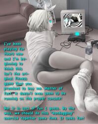 ass disgustinggirl_(manipper) feet glowing glowing_eyes leggings manip monochrome nintendo pi_(pppppchang) rin_kagamine socks tech_control text unaware video_game vocaloid wii_fit wii_fit_trainer
